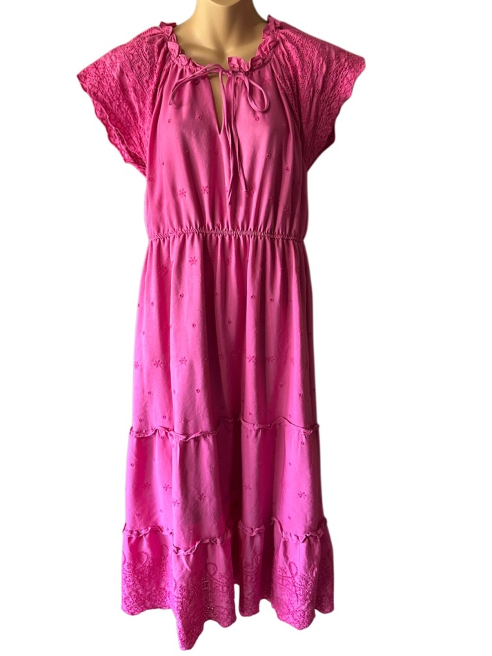 By the River Tie-Neck Multi-Tiered Maxi Dress with Embroidery in Hot Pink